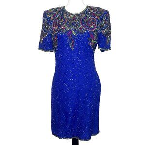Vintage Lawrence Kazar Silk Beaded Sequin Dress Royal Blue Keyhole Back Size M/L